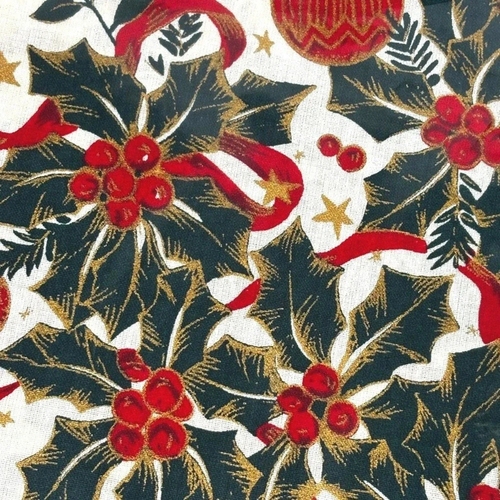Vtg 90s Bardwil Golden Holly Christmas TableclothNapkins 60x84 Oval 4 NapkinsNEW